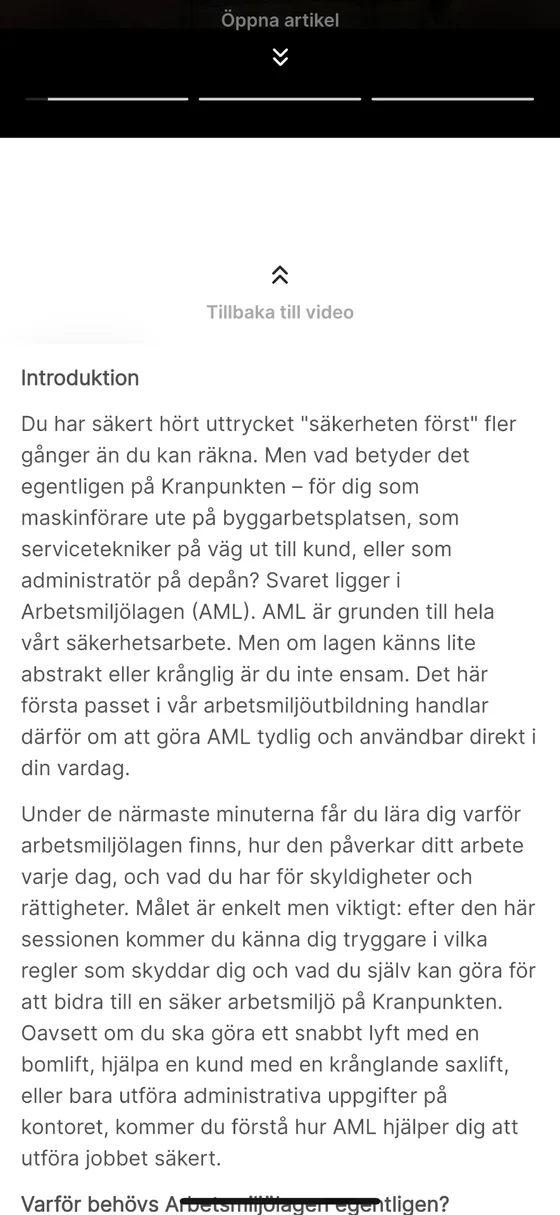 Artikelvyn med textinnehåll och möjlighet att gå tillbaka till videon