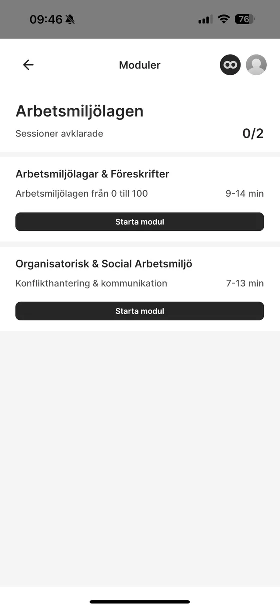 Programöversikten med tillgängliga moduler, beskrivningar och tidsåtgång