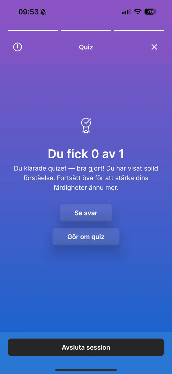 Resultatskärmen efter quizet, med valen att se svaren eller göra om quizet