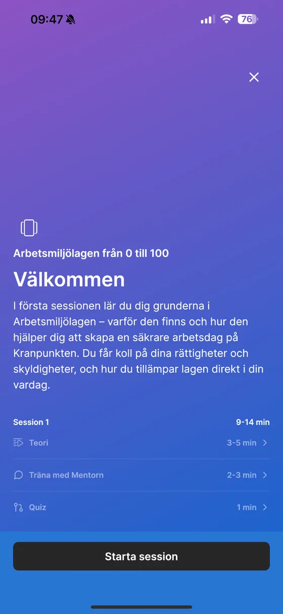 Introduktionssidan för en session, med överblick och ungefärlig tidsåtgång